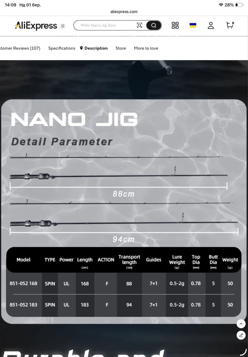 Спінінг Mifine Nano Jig 1.83 м 0.5-2 г, Калинівка, Вінницька обл.