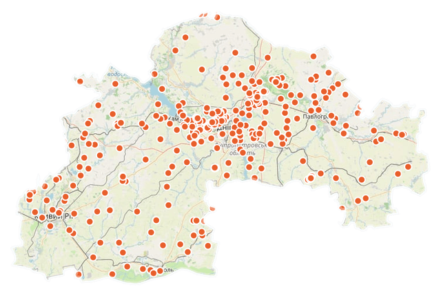 Риболовна карта області з точками водойм