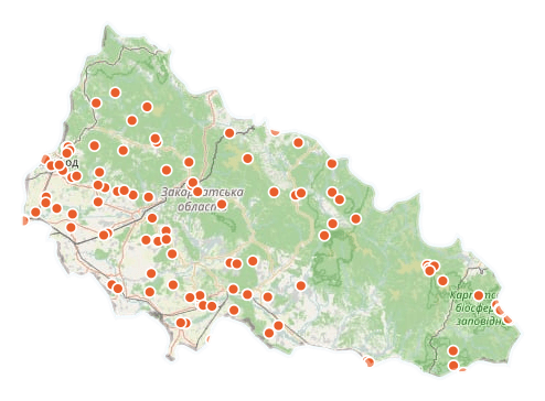 Риболовна карта області з точками водойм